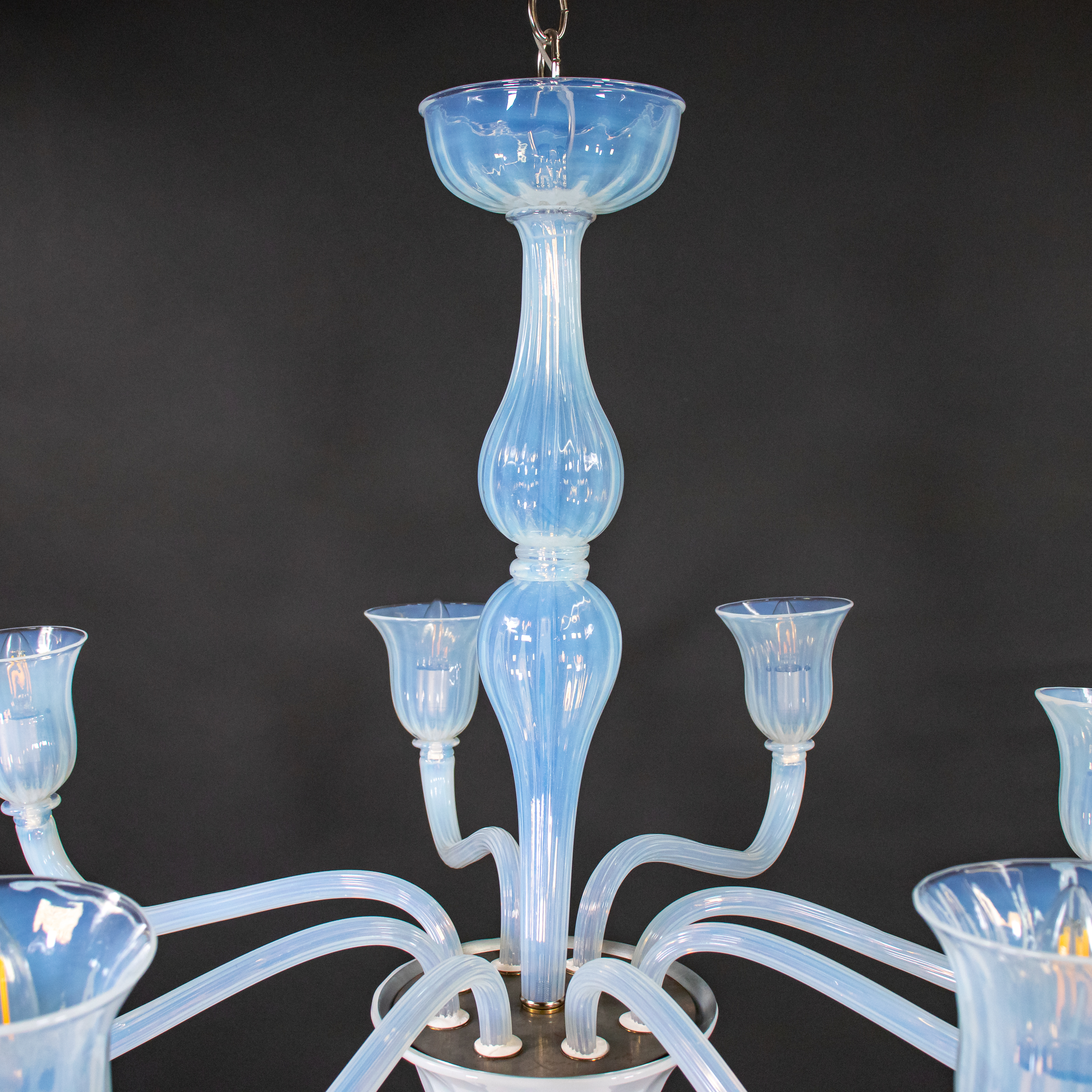 Large Vintage Eight Arm Opaline Murano Glass Chandelier in the Manner of Barovier & Toso - Image 6