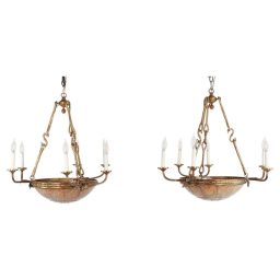 Pair of Large Early 20th Century French Neoclassical Alabaster and Gilt Bronze Chandeliers