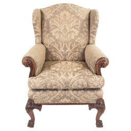 Late 20th Century George II Style Walnut Wing Armchair by Mike Bell with Silk Damask